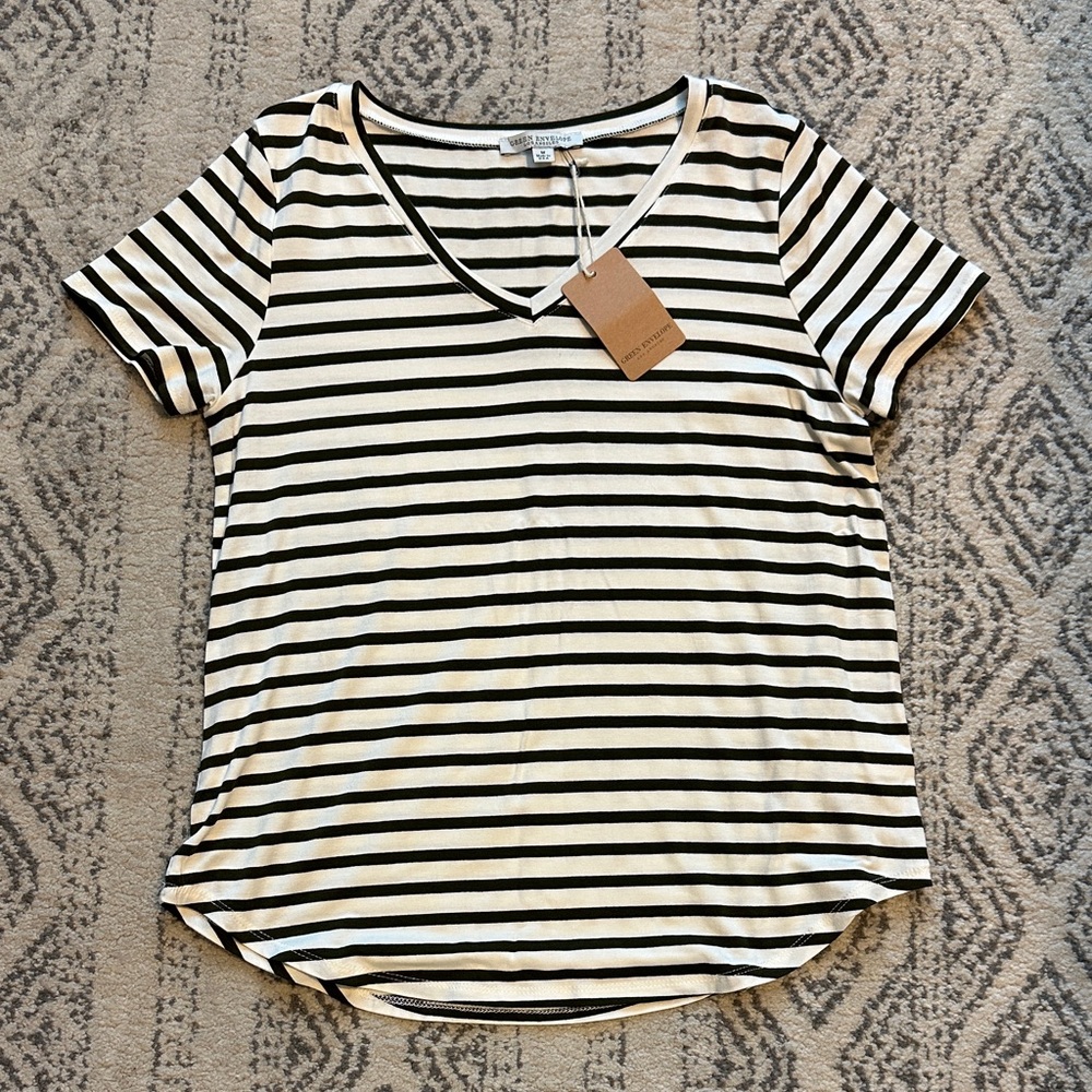 Olive and Off White Striped Tee by Green Envrlope